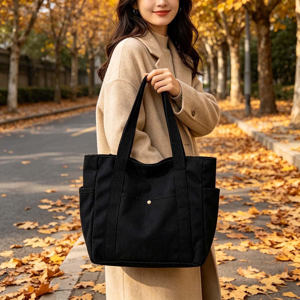 Black Casual Tote with Front and Inner Pockets
